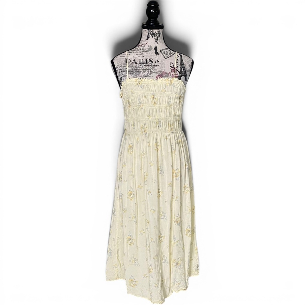 H&M Midi Dress Womens XS Yellow Floral Smocked Bodice Ruffle Strappy Summer
